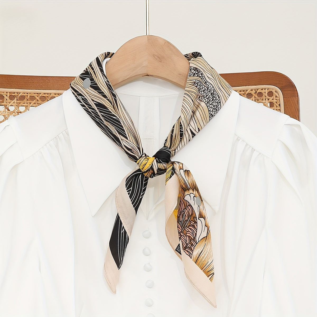 Goldfish Flower Print Bandana Yellow Satin Scarf for Women