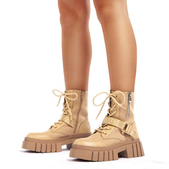 Women's Canvas Ankle Boots Belt Side Zipper Combat Boots
