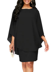 Solid Round Neck 3 4 Sleeve Cape Midi Dress Women's Plus