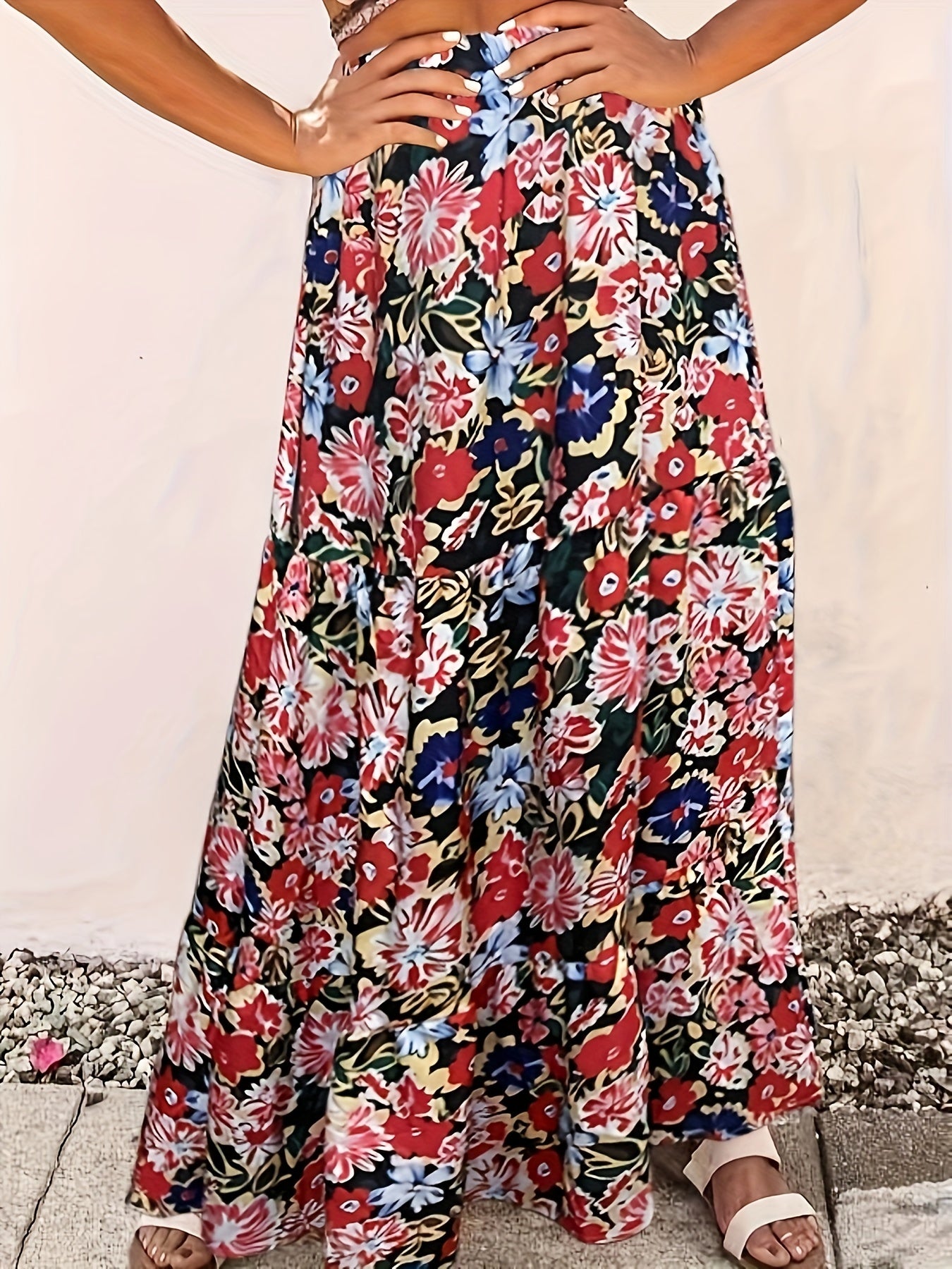 Boho Skirt Women's Plus Floral Print Elastic High Rise Swing Maxi Skir