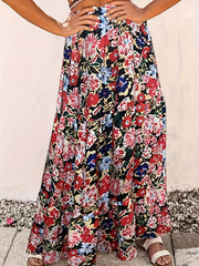 Boho Skirt Women's Plus Floral Print Elastic High Rise Swing Maxi Skir