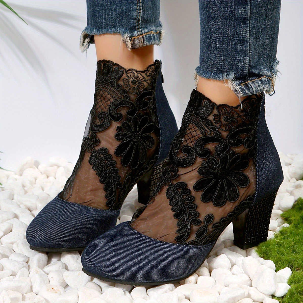 Floral Lace Ankle Boots Chunky Heeled Sandals Dress Heeled Boots