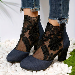 Floral Lace Ankle Boots Chunky Heeled Sandals Dress Heeled Boots