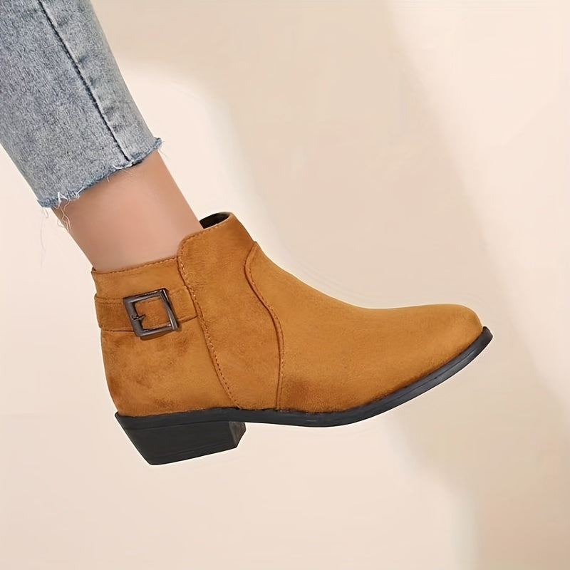 Women's Chunky Low Heel Short Boots Side Zip Ankle Buckle Boots