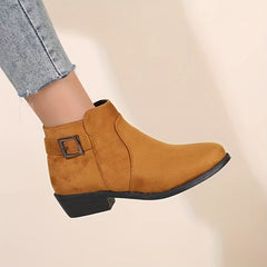 Women's Chunky Low Heel Short Boots Side Zip Ankle Buckle Boots