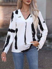 Casual Blouse Women's Plus Brush Print Roll Up Long Sleeve