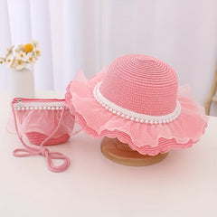 Girls Mesh Pearl Decor Lace Trim Straw Hat Sun Protection Cap & Straw Bag Set