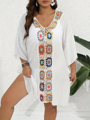 Crochet Side Split Cover Up Dress V Neck Boho Style Beach Coverup Kaftan