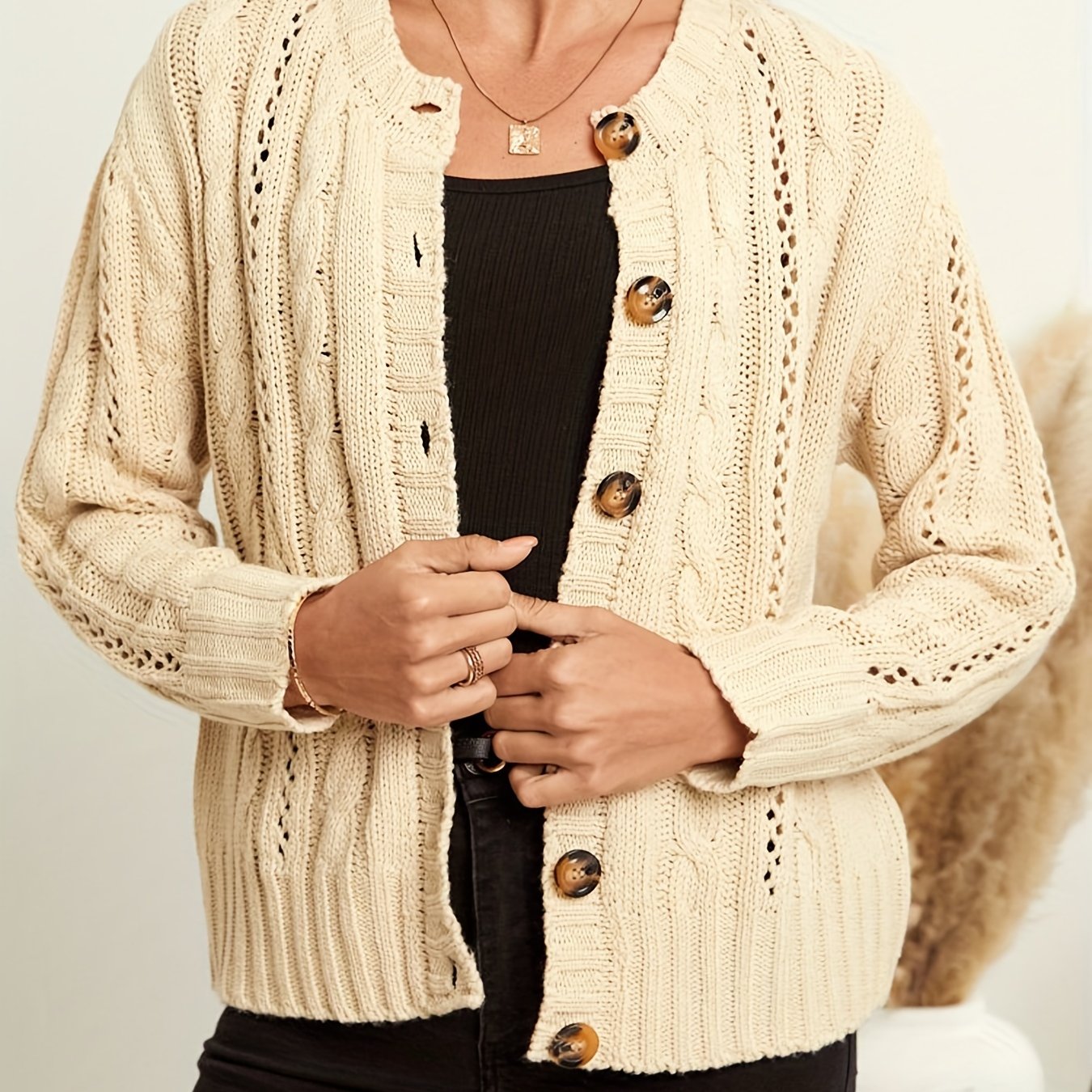 Casual Sweater Solid Cable Button Up High Stretch Cardigan