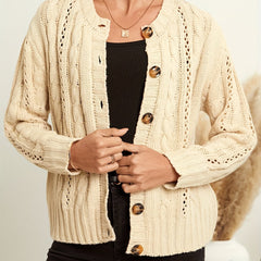Casual Sweater Solid Cable Button Up High Stretch Cardigan
