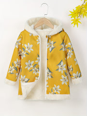 Girls Flower Print Fleece Hooded Coat Jacket, Warm for Autumn Winter