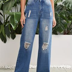 Distressed Straight Leg Jeans High Rise Slash Pocket Denim Pants