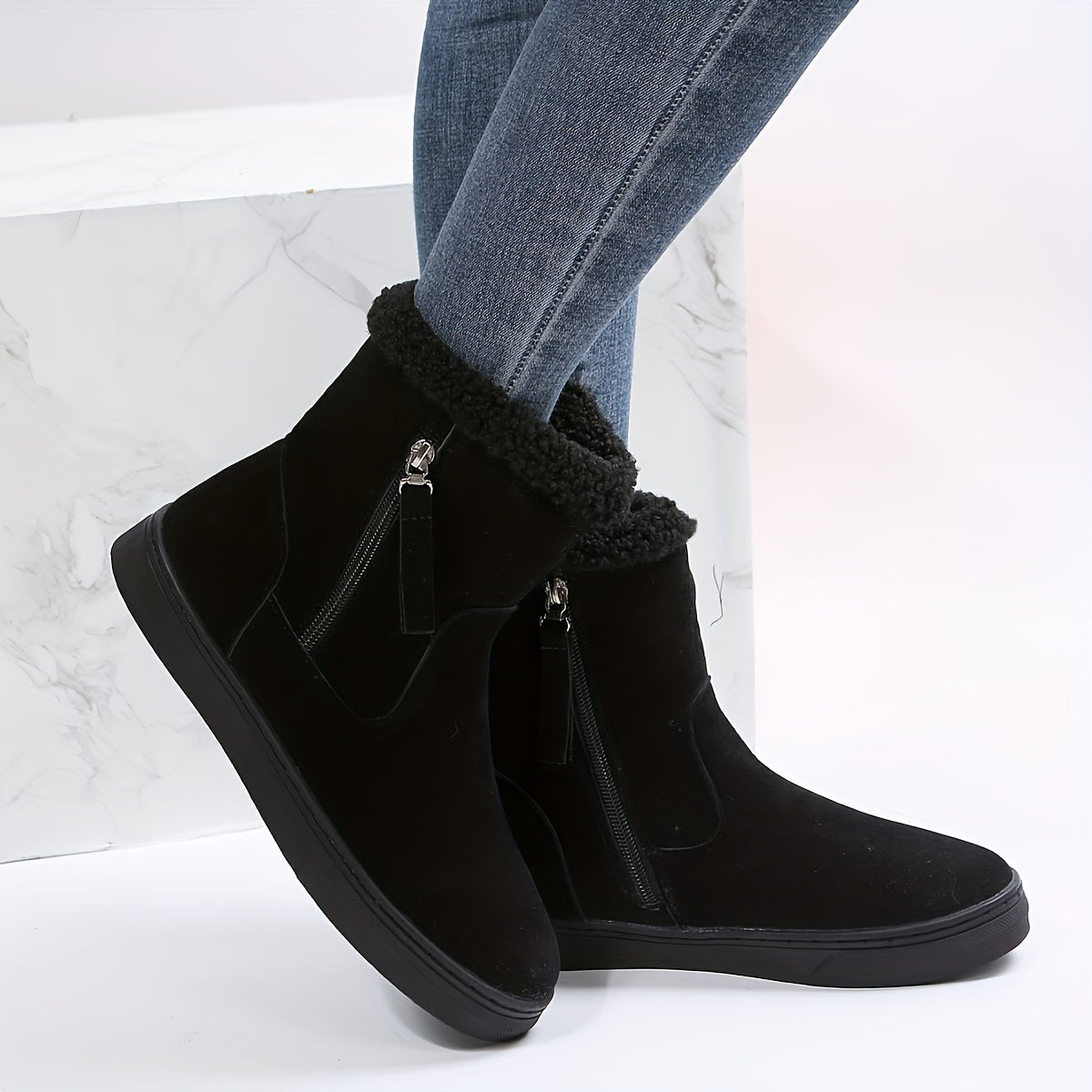 Side Zipper Solid Suede Flat Thermal Snow Boots