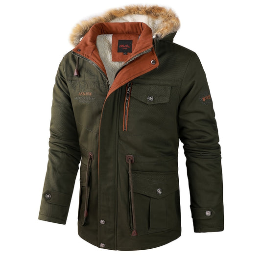 Men's Plush Outdoor Jacket Hooded Winter Coat