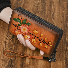Floral Print Cowhide Wallet with Wrist Strap RFID Blocking