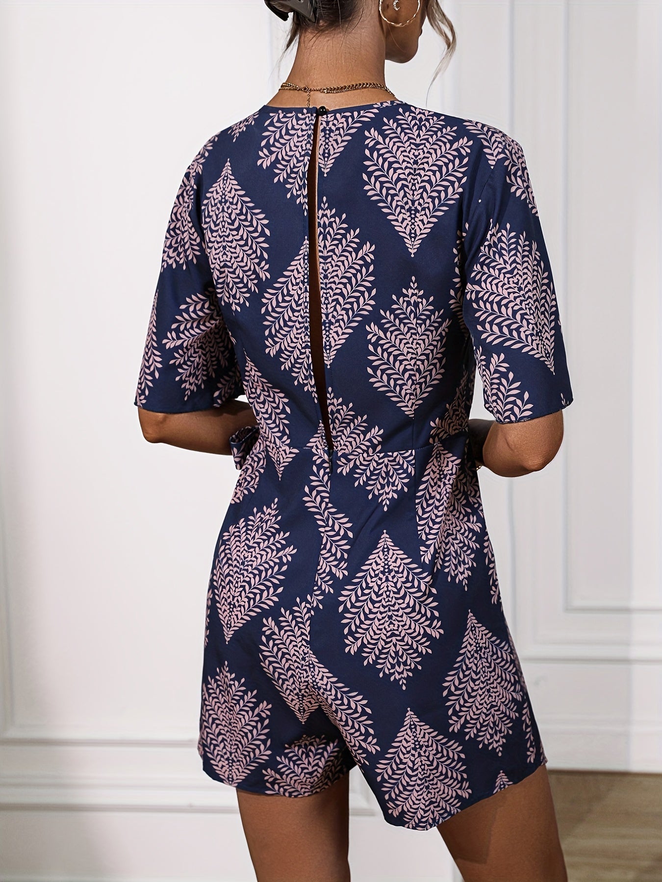 Plant Print Surplice Neck Romper Jumpsuit Tie Side Flutter Sleeve