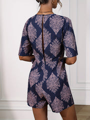 Plant Print Surplice Neck Romper Jumpsuit Tie Side Flutter Sleeve