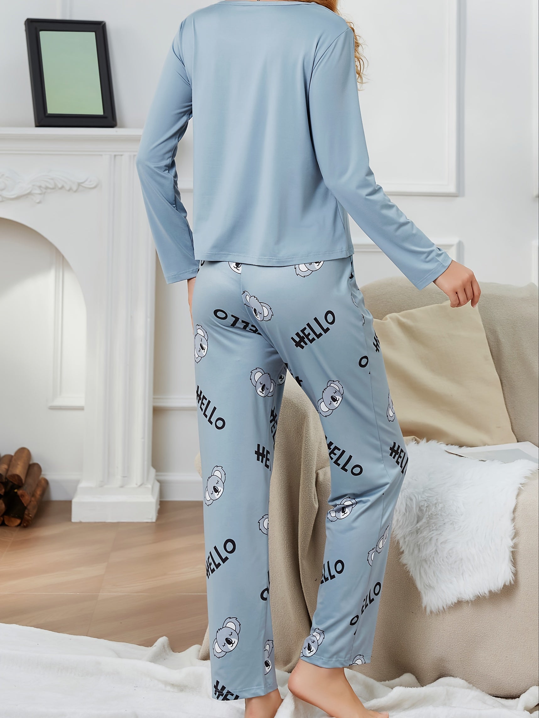 Koala Print Pajama Set Long Sleeve Top & Pants