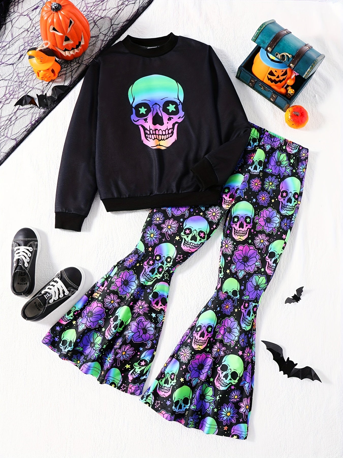 Girl's Skeleton Graphic Outfit 2pcs Set Glow in Dark Kid's Halloween Clothes