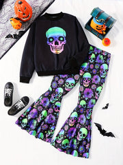 Girl's Skeleton Graphic Outfit 2pcs Set Glow in Dark Kid's Halloween Clothes