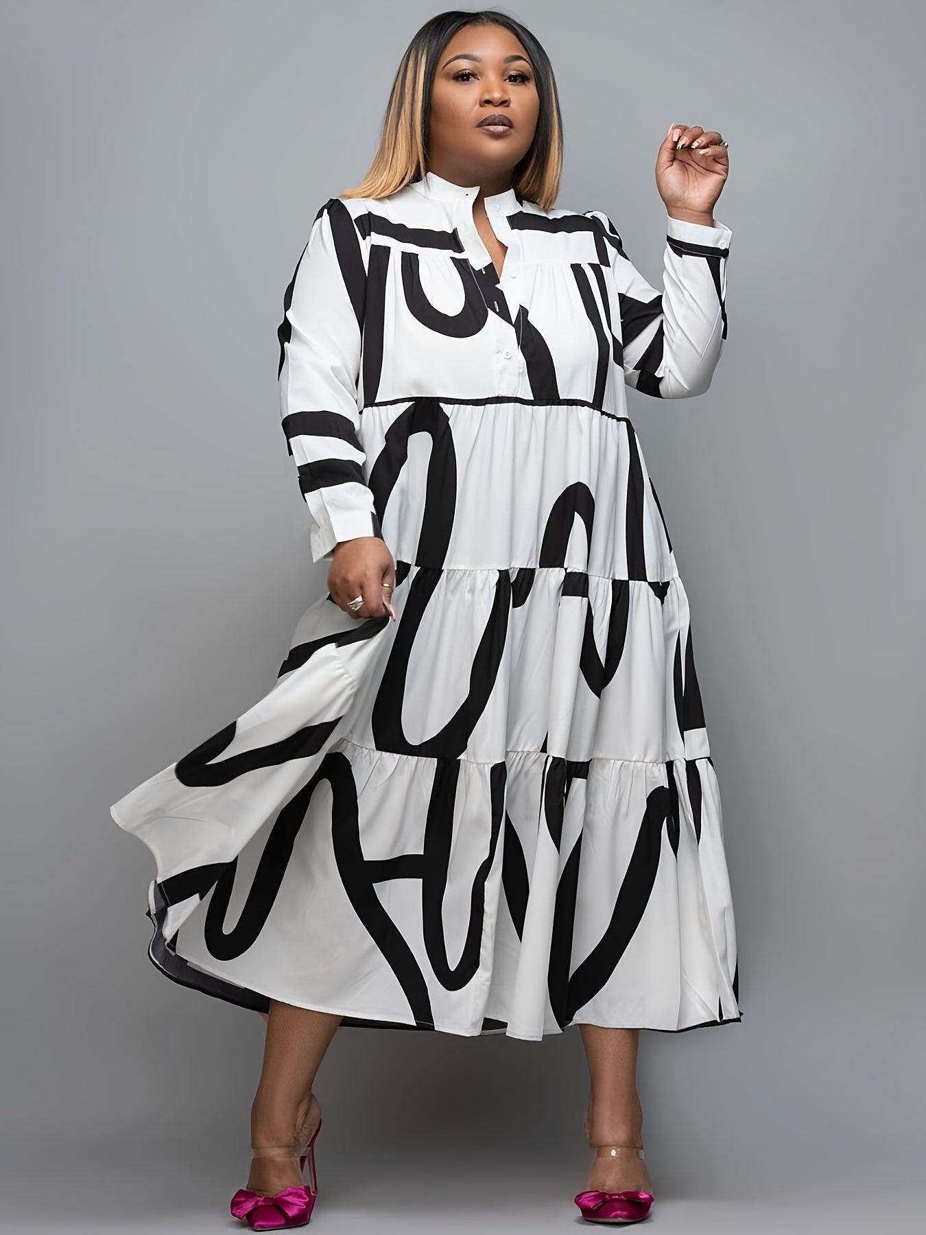 Geometric Print Polo Collar Maxi Dress Women's Plus Size