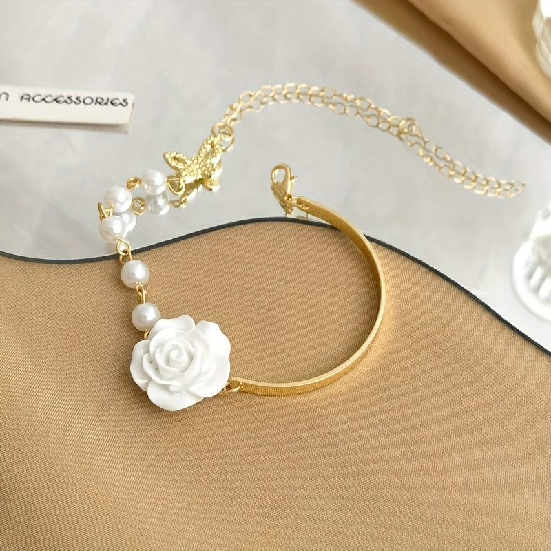 Red Rose & Pearl Flower Bracelet French Niche Sense Bow Hand Jewelry