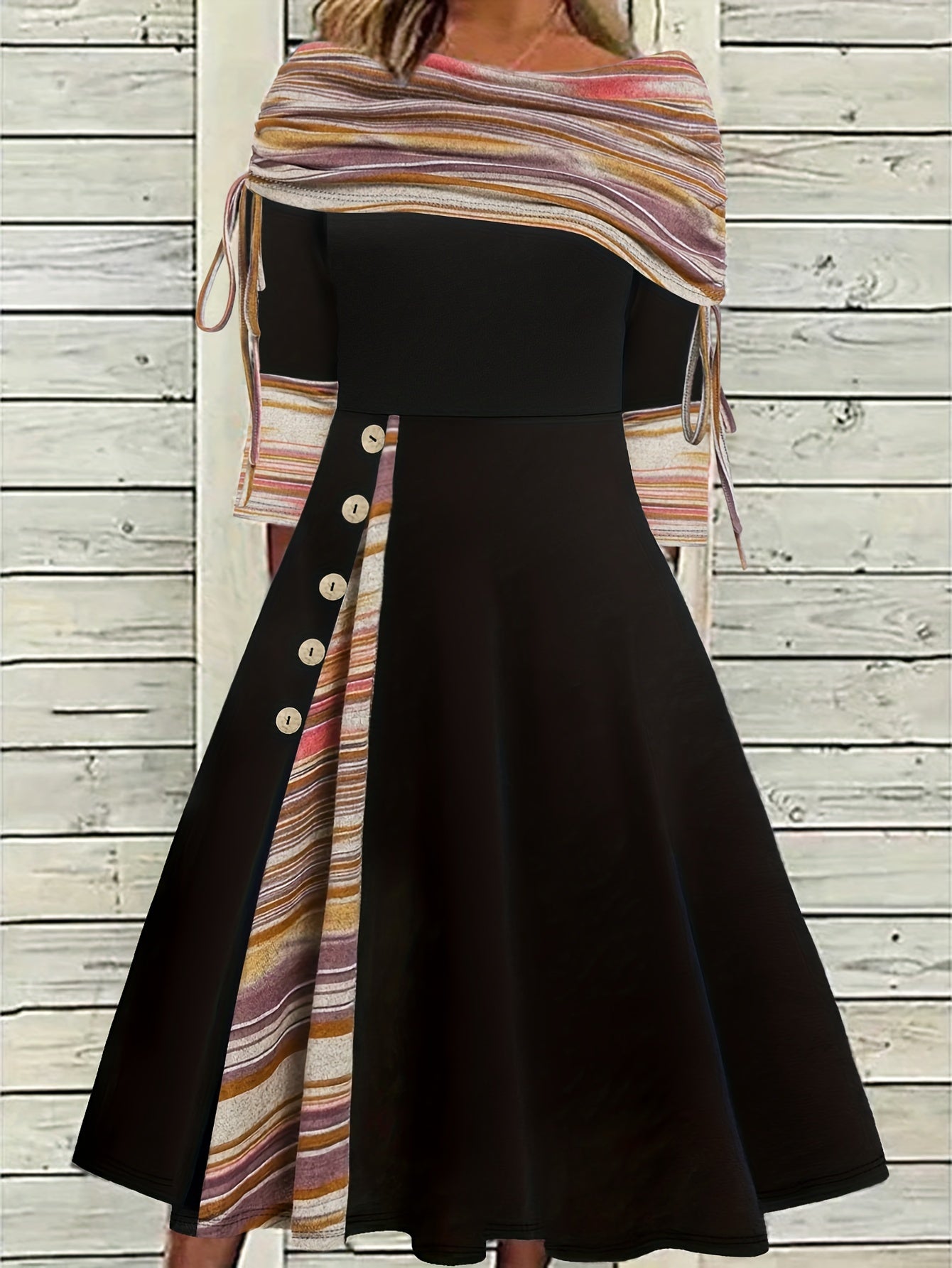 Colorblock Stripe Print Ruched Off Shoulder Dress