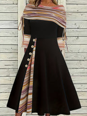 Colorblock Stripe Print Ruched Off Shoulder Dress