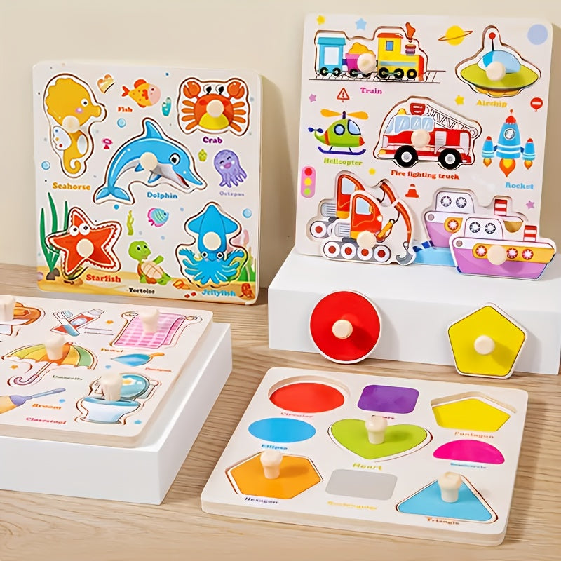 3-Pack Wooden Peg Puzzles for Toddlers - Educational Preschool Toy Set