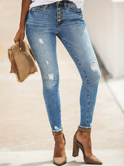 Button Fly Ripped High Stretch Denim Pants