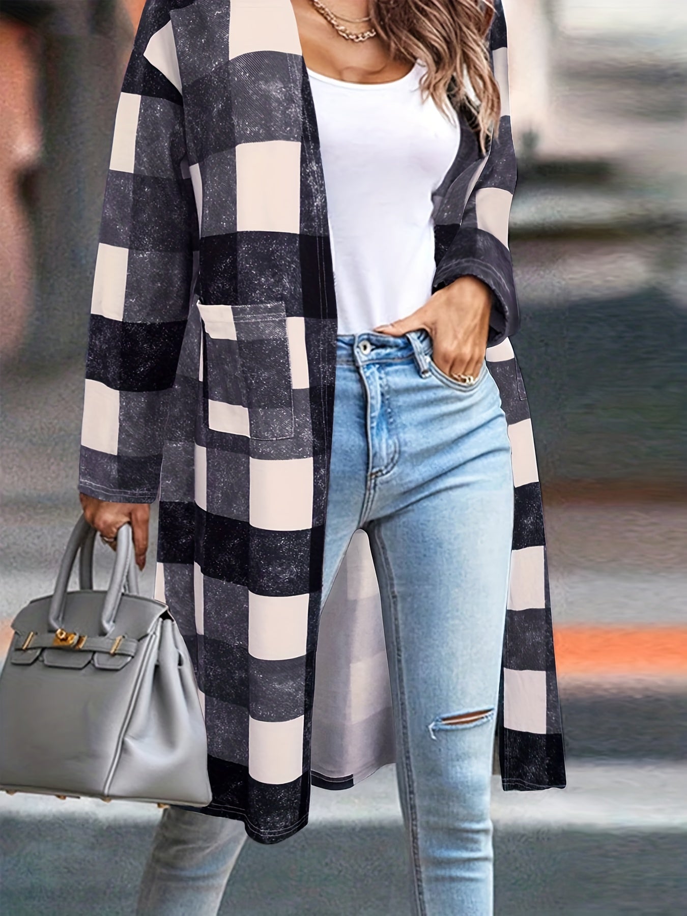 Plaid Print Pocket Open Front Coat Long Sleeve Outerwear