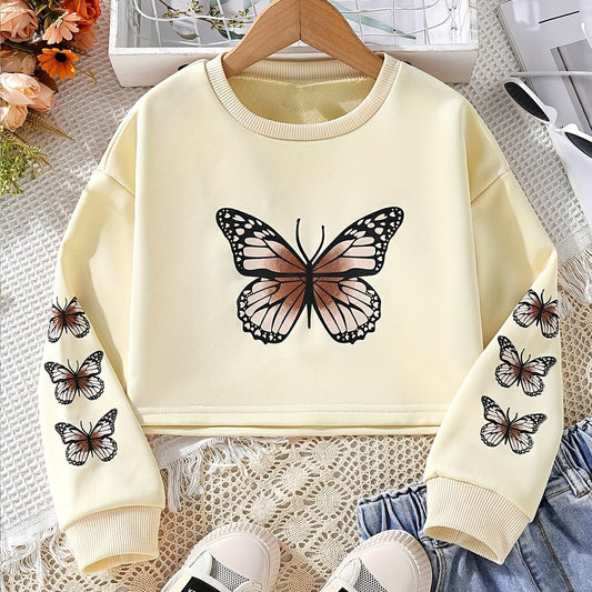 Girls Vintage Butterfly Print Crew Neck Sweatshirt Top Pullovers
