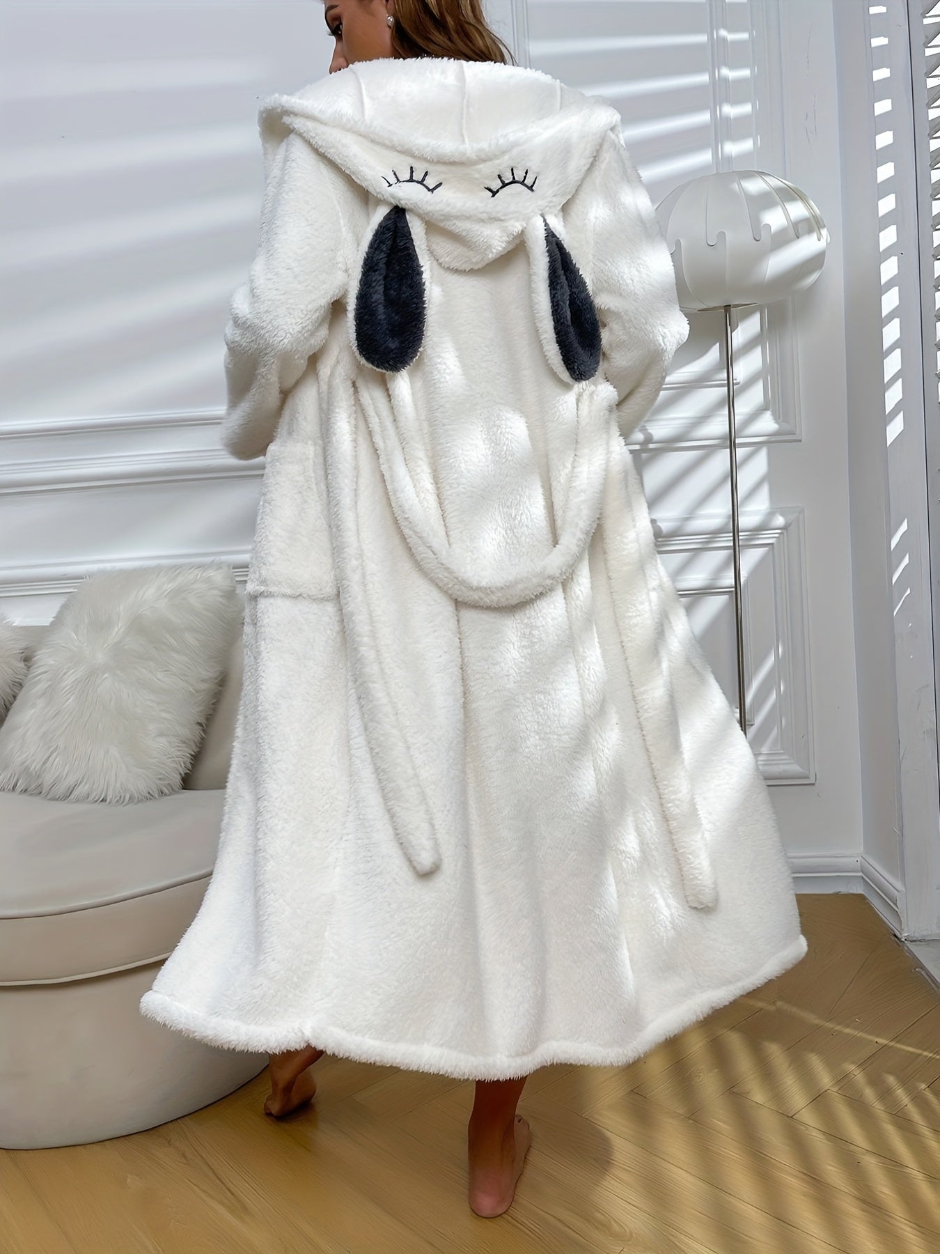 Cartoon Bunny Ears Hooded Robe Fuzzy Night Robe With Belt