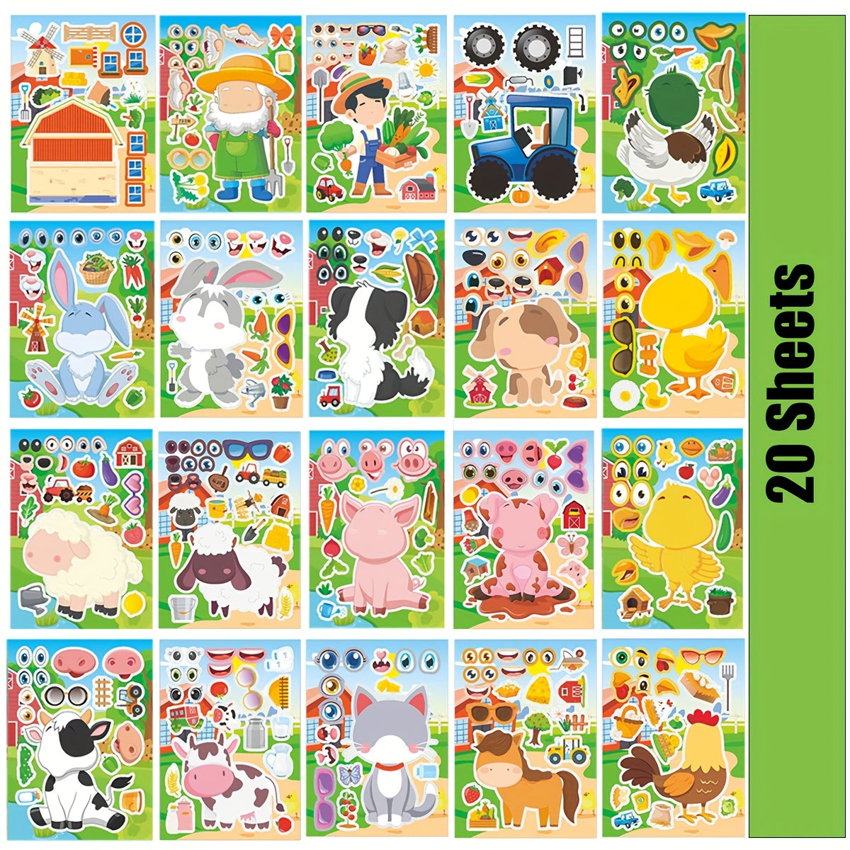 20 Sheets Farm Animal Stickers - Mix & Match Designs - Party Favors & Crafts