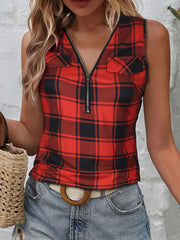 Plaid Print Zip Up Tank Top Cross Back Sleeveless Summer Women's Clothing