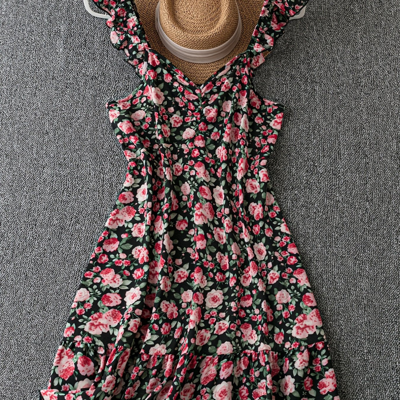 Floral Print Ruffle Trim V Neck Knee Length Dress
