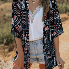 Geometric Print Cover Up Shirt V Neck Half Sleeves Boho Style Beachwear Cardigan