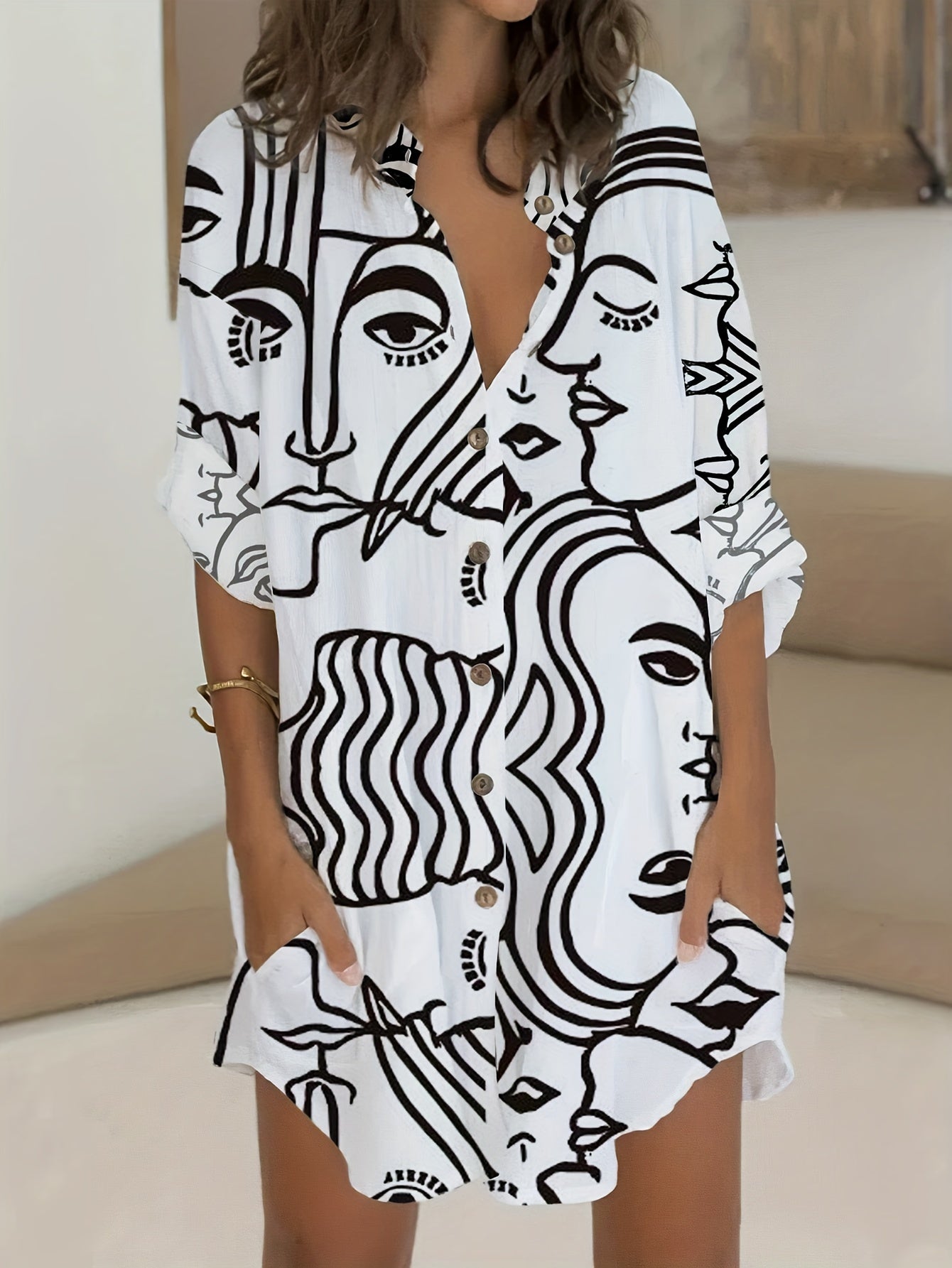 Abstract Figure Print Button Up Blouse
