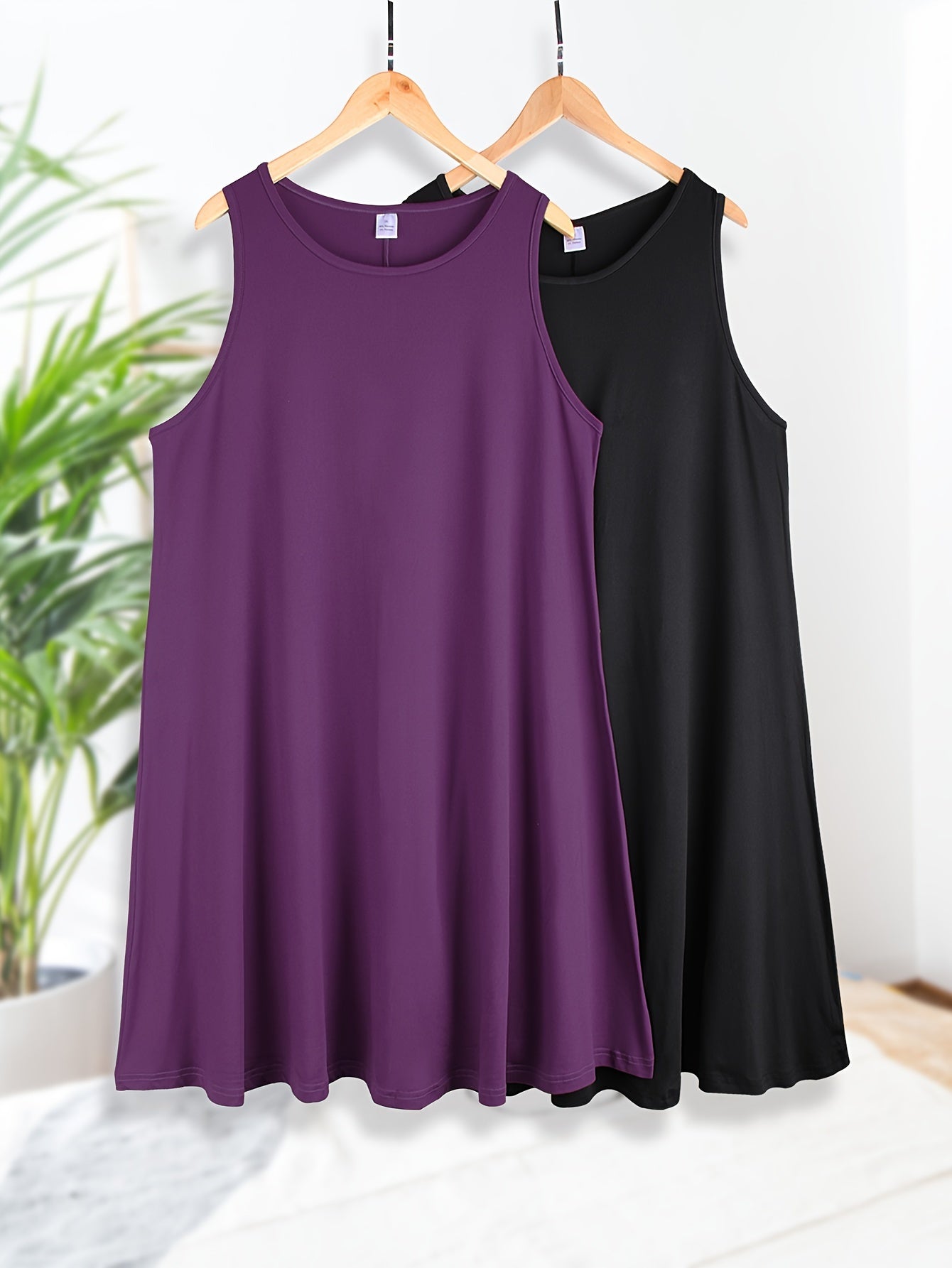 2 Pack Plus Size Nightdress Set Solid Round Neck Medium Stretch