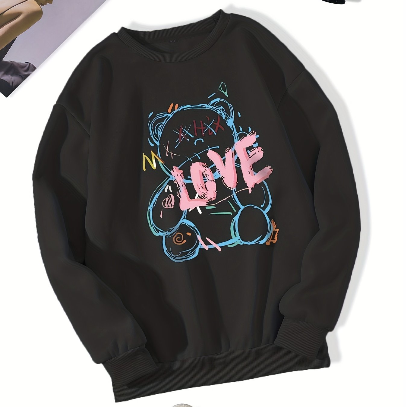 Letter & Bear Print Sweatshirt Crew Neck Pullover