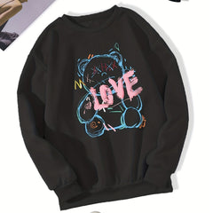 Letter & Bear Print Sweatshirt Crew Neck Pullover