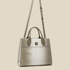 Glossy Cream Tan Tote Bag Women Faux Croc Leather Large
