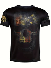 Men's American Flag & Skull Print T-Shirt Short Sleeve Crew Neck Tee