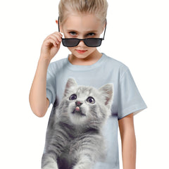 Casual Kitty Graphic Crew Neck T-Shirt Girls Summer Pullover Top