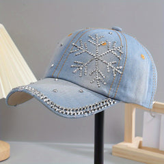 Snowflake Rhinestone Baseball Cap Distressed Denim Hat Y2K Sports Hat