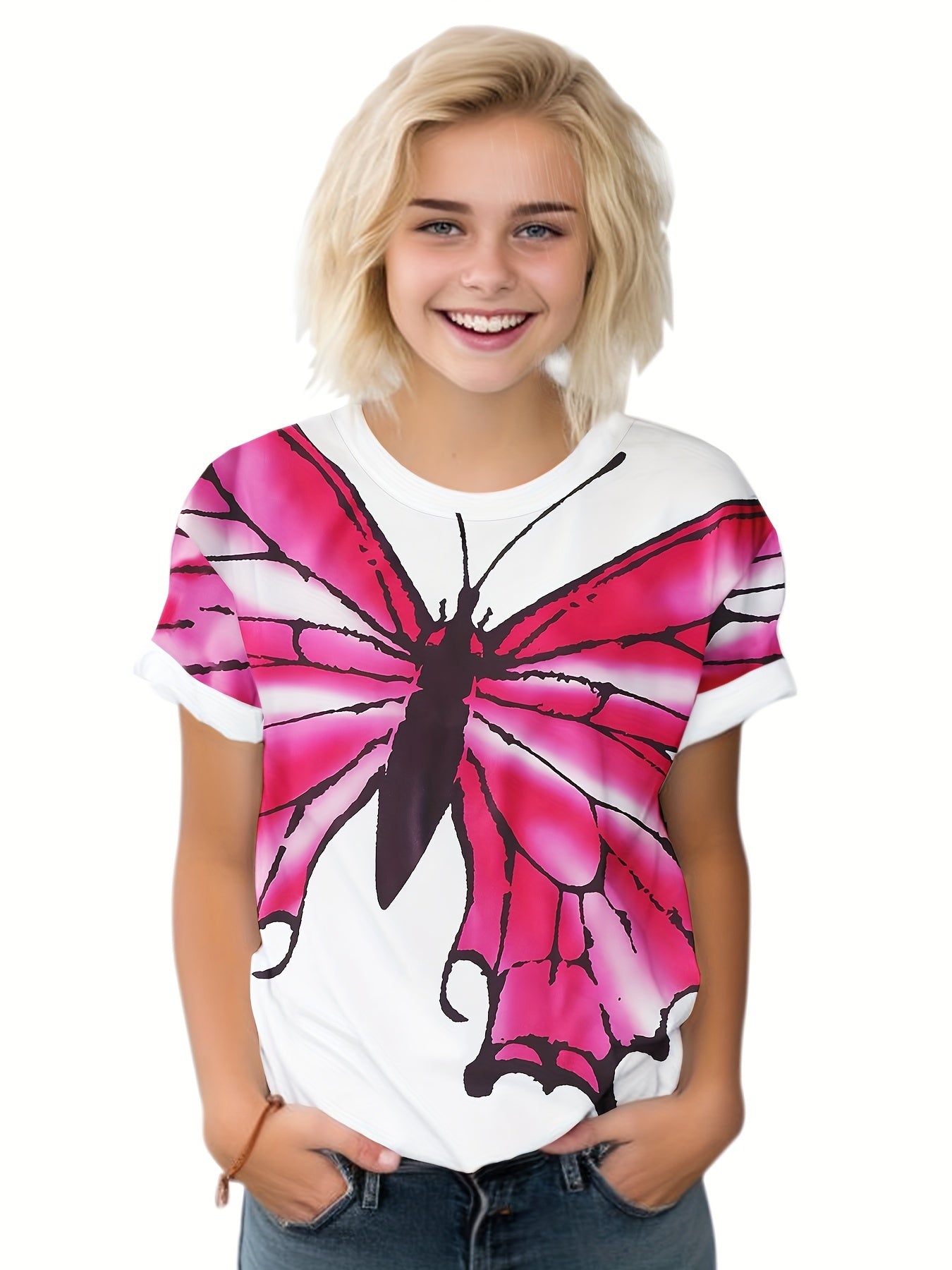 Girls Boys Butterfly Graphic Short Sleeve T-shirt Summer Sports Clothes