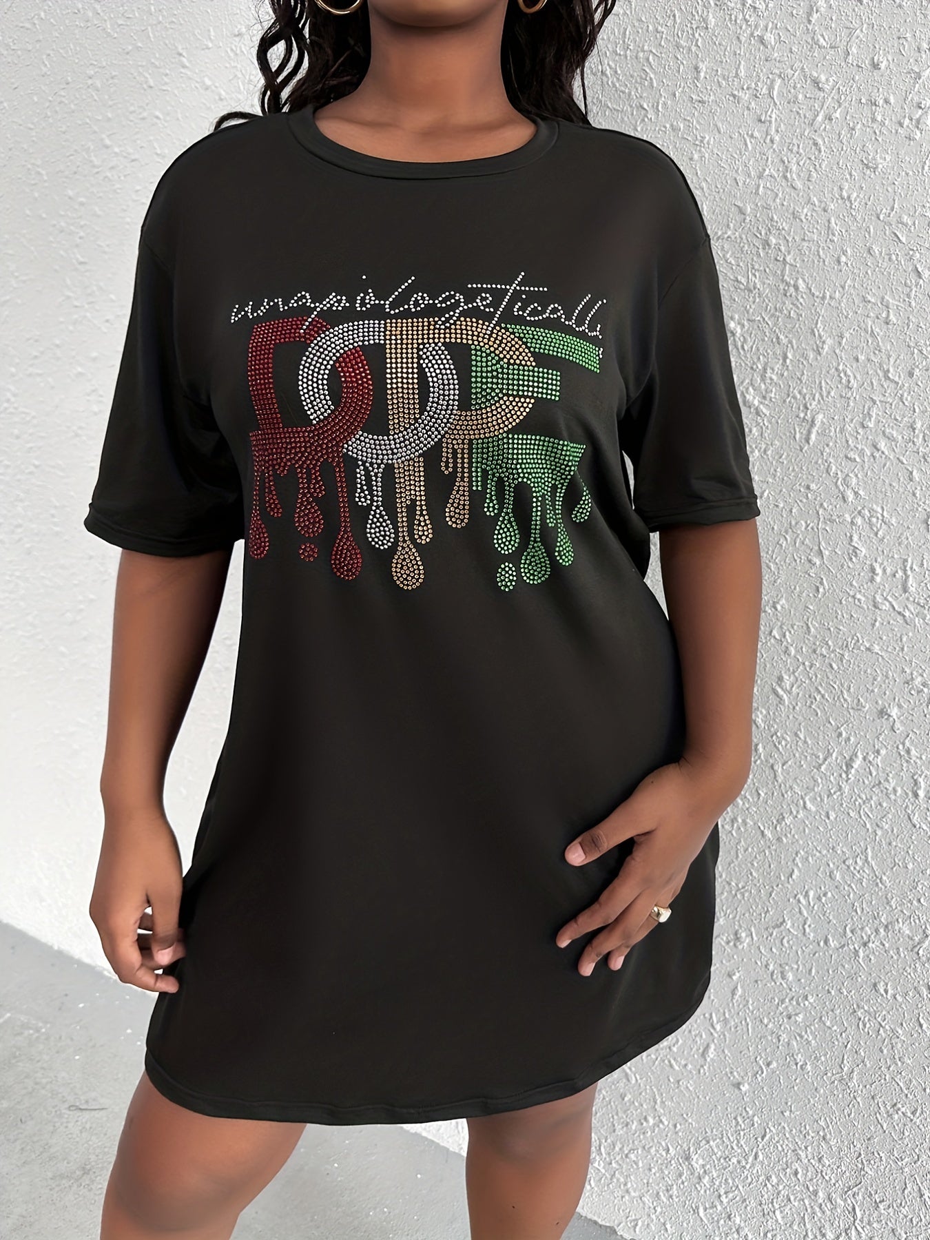 Rhinestone Slogan Print Short Sleeve Tee Dress