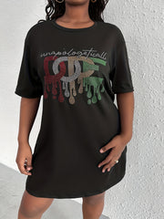 Rhinestone Slogan Print Short Sleeve Tee Dress