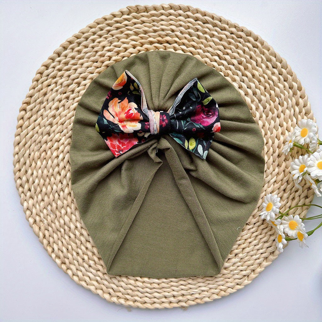 Soft Elastic Strip Flower Baby Hat With Bow Girl Four Season Usable