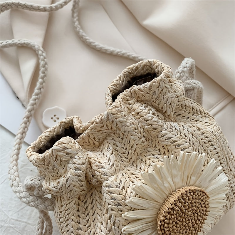 Girls Sunflower Straw Crossbody Bag Mini Beach Shoulder Bag